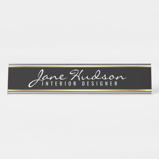 Elegante Gold Script Blume Moderne Schreibtischnam Schreibtischnamensplakette (Vorderseite )