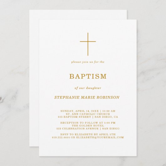 Elegante Gold Script Calligrafy Cross Baptisse Einladung (Vorne/Hinten)
