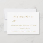 Elegante Gold Script Calligraphie auf White Weddin RSVP Karte (Vorderseite)