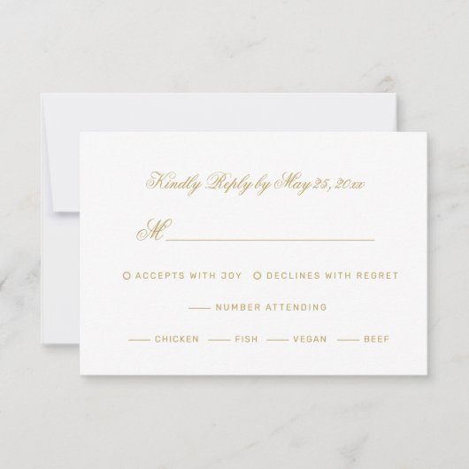 Elegante Gold Script Calligraphie auf White Weddin RSVP Karte (Vorderseite)