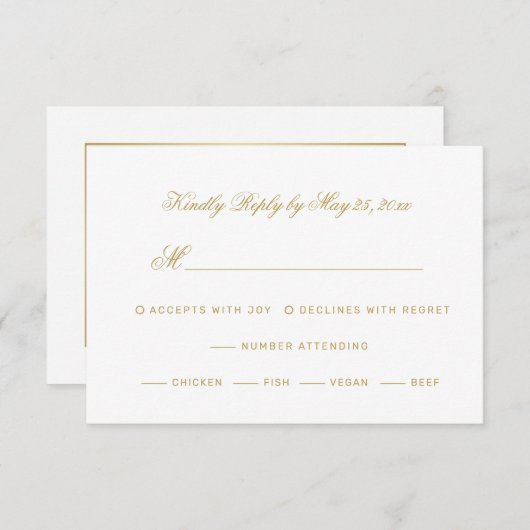 Elegante Gold Script Calligraphie auf White Weddin RSVP Karte (Vorne/Hinten)