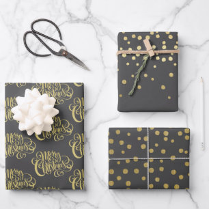 Elegante Gold Script & Confetti Black Christmas Wr Geschenkpapier Set