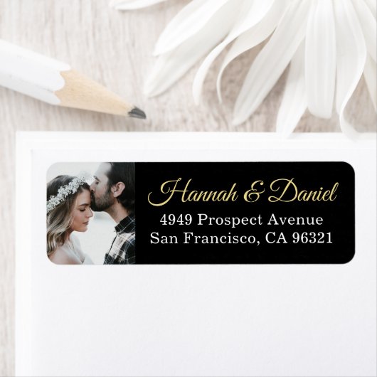 Elegante Gold Script Custom Foto Rücksendeadresse (Insitu)