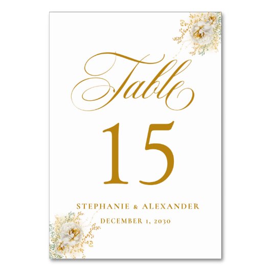 Elegante Gold Script Floral Wedding Tischnummer (Vorderseite)