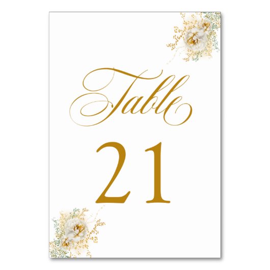 Elegante Gold Script Floral Wedding Tischnummer 21 (Vorderseite)