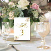 Elegante Gold Script Floral Wedding Tischnummer 3