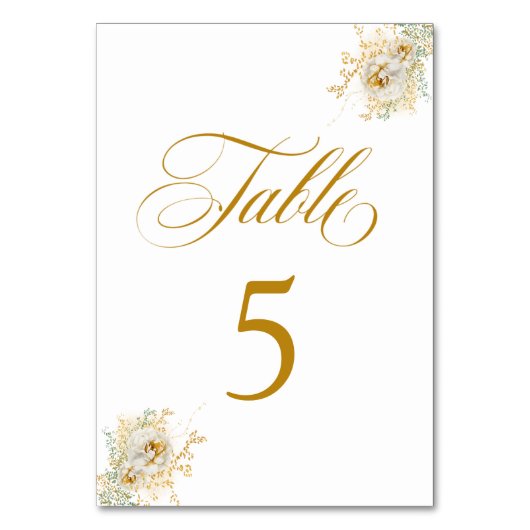 Elegante Gold Script Floral Wedding Tischnummer 5 (Vorderseite)