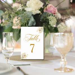 Elegante Gold Script Floral Wedding Tischnummer 7