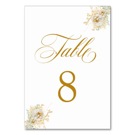 Elegante Gold Script Floral Wedding Tischnummer 8 (Vorderseite)