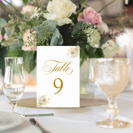 Elegante Gold Script Floral Wedding Tischnummer 9