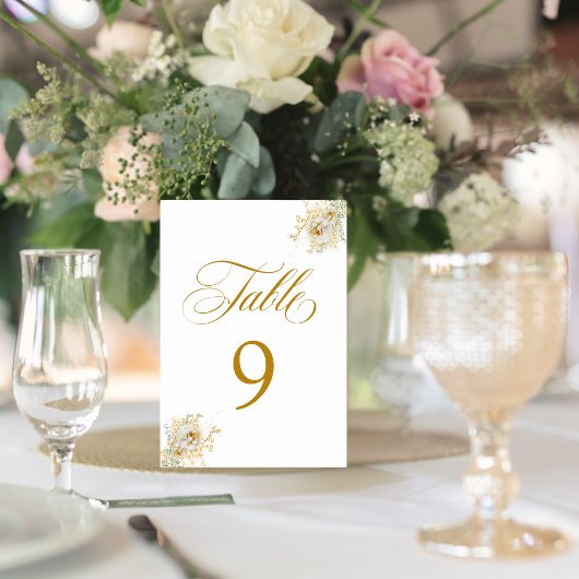 Elegante Gold Script Floral Wedding Tischnummer 9