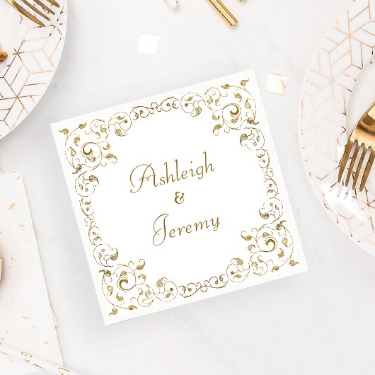 Elegante Gold Script Foliage Hochzeit Serviette