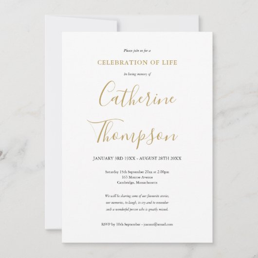 Elegante Gold Script Foto Beerdigung Einladung (Vorderseite)