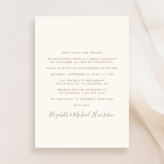 Elegante Gold Script Foto Cream Hochzeitsempfang Einladung