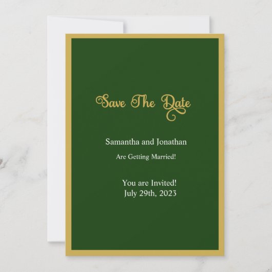 Elegante Gold Script Frame Green Save the Date Kar Einladung (Vorderseite)
