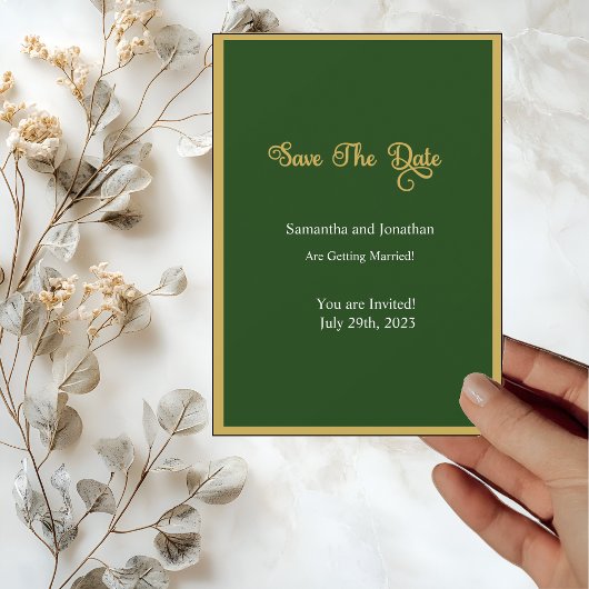 Elegante Gold Script Frame Green Save the Date Kar Einladung