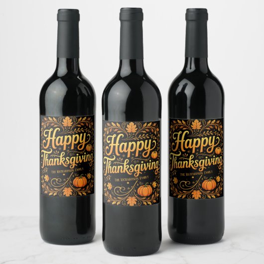 Elegante Gold Script glücklich Thanksgiving Herbst Weinetikett (Flaschen)