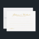 Elegante Gold Script Hochzeitsratgeber und Wunschk Hinweiskarte<br><div class="desc">Fügen Sie Ihrer Hochzeit eine persönliche Touch mit einer eleganten Hochzeitsberatung und Wunschkarte hinzu. Diese Ratenkarte bietet den Titel in modernem, elegantem Kalligraphie-Schriftart-Stil und Details in goldenen Sans Serif Schriftart Stil auf weißem Hintergrund. Ideal für Hochzeiten, Babydusche, Geburtstagsparty, Brautparty, Junggeselinnen-Abschied und alle besondere Anlässe. Bitte beachten Sie: Die Details der...</div>
