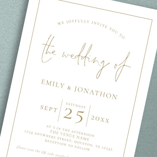 Elegante Gold Script Line Border QR Code Hochzeit Einladung