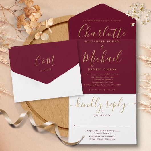 Elegante Gold Script Minimalistisch Burgundy Weddi All In One Einladung