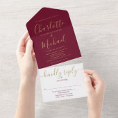 Elegante Gold Script Minimalistisch Burgundy Weddi All In One Einladung (Abreißen)