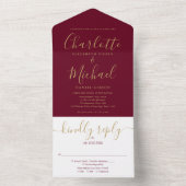 Elegante Gold Script Minimalistisch Burgundy Weddi All In One Einladung (Innen Boden)