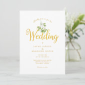 Elegante Gold Script Mistletoe Winter Wedding Einladung (Stehend Vorderseite)