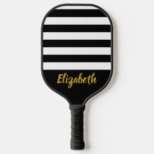 Elegante Gold Script Name Schwarz und Weiß Streife Pickleball Schläger