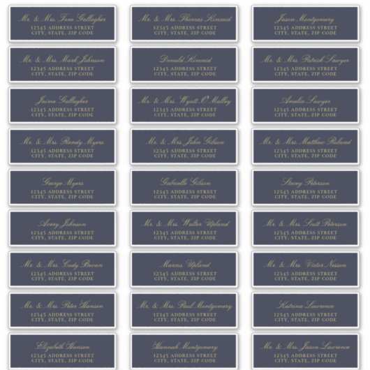 Elegante Gold Script Navy Guest Address Labels (Vorderseite)