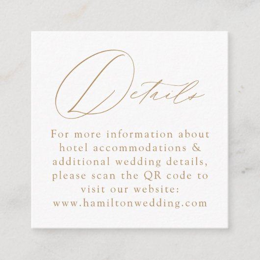 Elegante Gold Script QR Code Hochzeitsdetails Begleitkarte (Vorderseite)