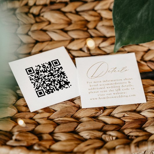 Elegante Gold Script QR Code Hochzeitsdetails Begleitkarte