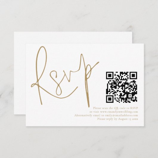 Elegante Gold Script QR Code Wedding RSVP Card Einladung (Vorne/Hinten)