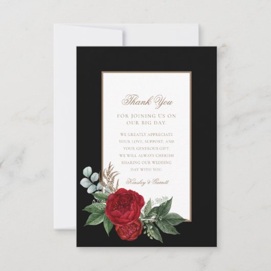 Elegante Gold Script Red Peonies Black & White Dankeskarte (Vorderseite)
