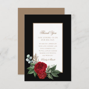 Elegante Gold Script Red Peonies Black & White Dankeskarte