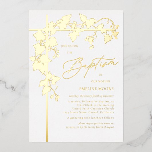 Elegante Gold Script Taufe Folieneinladung (Vorderseite)