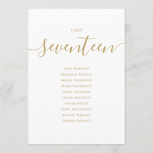 Elegante Gold Script Tischnummer 17 Seating Chart (Rückseite)