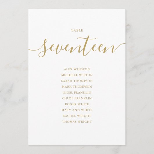Elegante Gold Script Tischnummer 17 Seating Chart (Vorderseite)