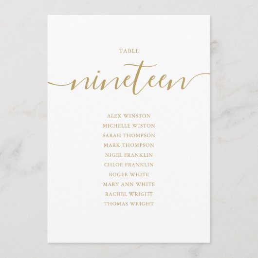 Elegante Gold Script Tischnummer 19 Seating Chart (Vorderseite)