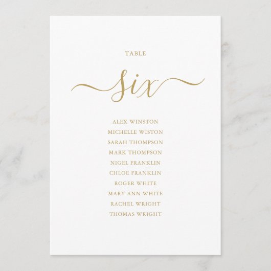 Elegante Gold Script Tischnummer 6 Sitzplakette (Vorderseite)