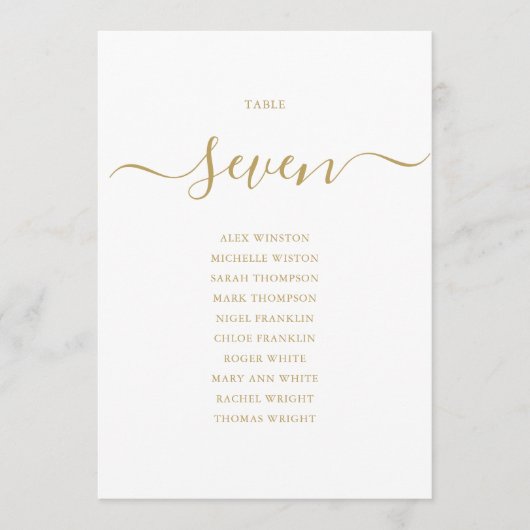 Elegante Gold Script Tischnummer 7 Sitzplakette (Vorderseite)