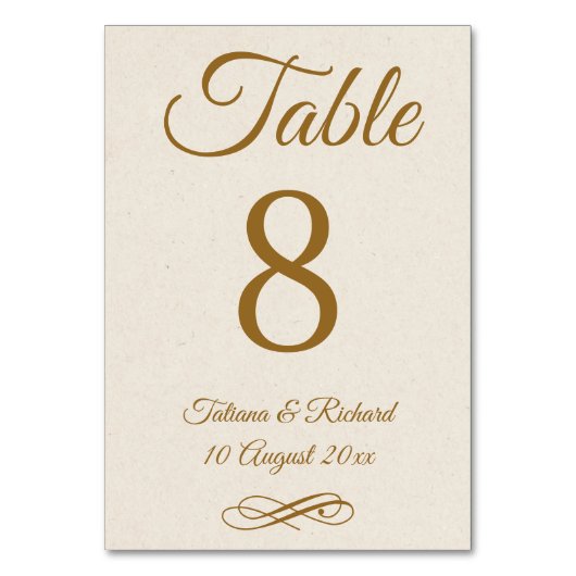 Elegante Gold Script Tischnummer Card (Vorderseite)