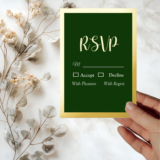 Elegante Gold Script und Frame Foil Green RSVP Car Folieneinladung