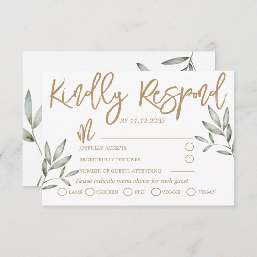 Elegante Gold Script und Sage Green Foliage Hochze RSVP Karte (Vorne/Hinten)