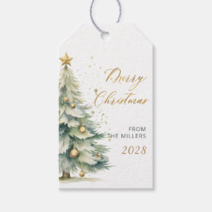 Elegante Gold Script Watercolor Weihnachtsbaum Geschenkanhänger