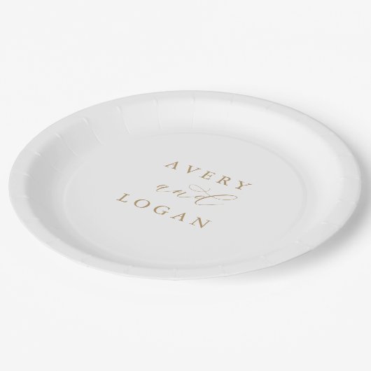 Elegante Gold Script Wedding Cake Paper Plate Pappteller (Schrägansicht)
