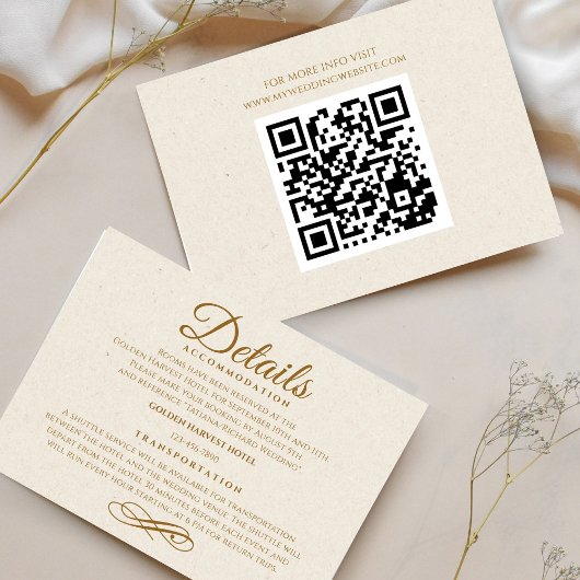 Elegante Gold Script Wedding Details Card mit QR RSVP Karte
