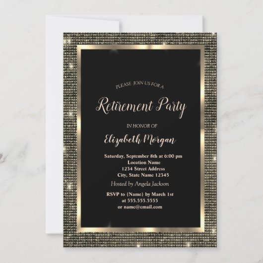Elegante Gold Sequins Frame Black Retirement Einladung (Vorderseite)