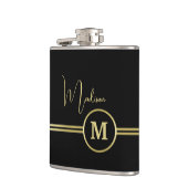 Elegante Gold-Signatur-Monogramm auf Schwarz Flachmann (Links)