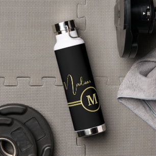 Elegante Gold-Signatur-Monogramm auf Schwarz Trinkflasche