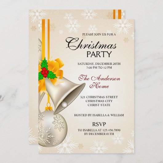 Elegante Gold Silver Bells Weihnachten Einladung (Vorne/Hinten)